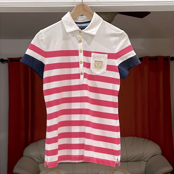 Vintage Tommy Hilfiger Short Sleeve Pink Striped Preppy Polo Shirt Top Size M - Picture 1 of 7